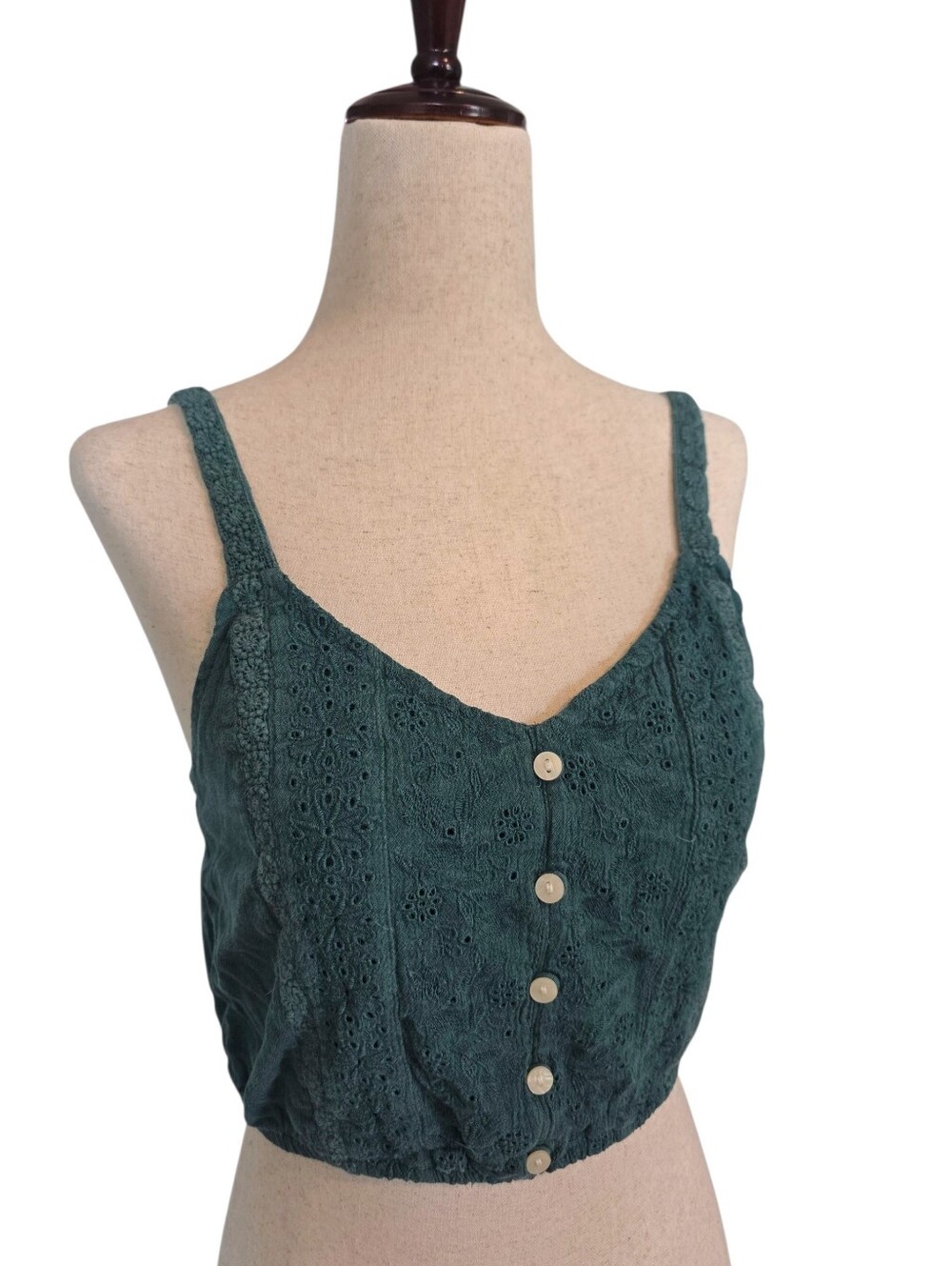 American Eagle Crop Top Green Eyelet Embroidered Faux Button Front